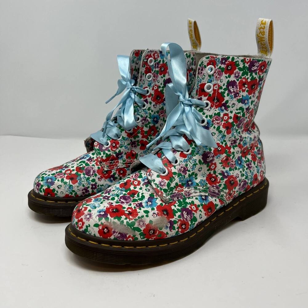 Dr. Marten Boots Women's Size 8 Blue Pascal Floral Print Ribbon Laces Combat - Picture 12 of 16